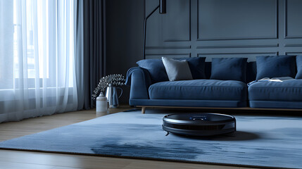 couch with robotic vacuum cleaner - obrazy, fototapety, plakaty