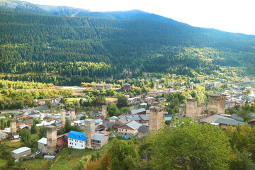 Fototapeta na wymiar Panoramic Aerial View of Mestia Townlet with the Medieval Swan Tower-houses, Upper Svaneti of Georgia