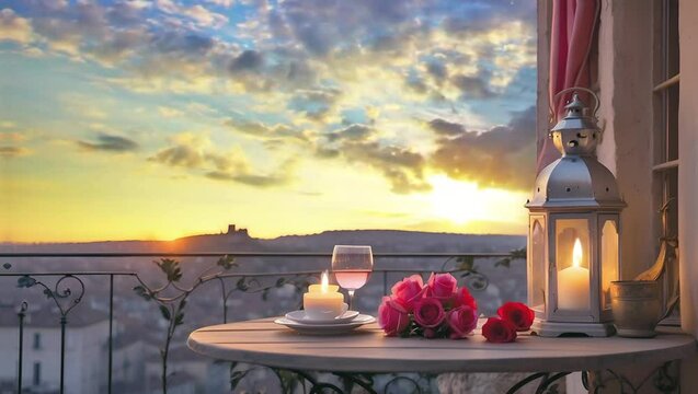 romantic small table with lantern. celebrate valentins day on top of a tower with a beautiful sunset 4k and  HD in high quality .