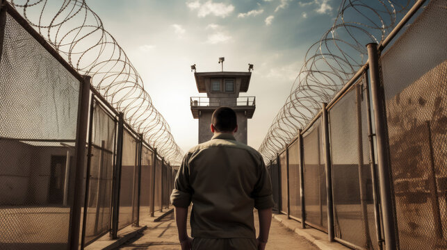 Checkpoint. A guard is watching at the prison gates