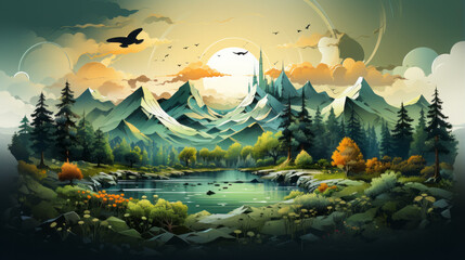 Enchanting Natural Illustrations: Captivating Landscapes, Azure Waters, Serene Forests, Moonlit Nights & Vibrant Seasons in Stunning Artwork!, generative AI