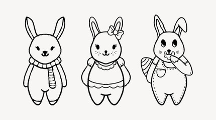 hand drawn easter bunny doodle isolated on white background. Great clipart for coloring book, rabbit character