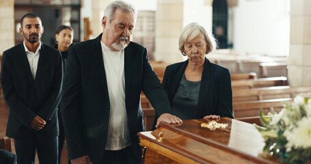 Funeral, grief and death with old woman in church for farewell, thinking and sad. Mental health, depression and respect with senior person at memorial service for mourning, remember and faith - obrazy, fototapety, plakaty