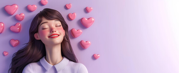 Obraz na płótnie Canvas Blissful woman with a content smile, surrounded by 3D heart balloons on a purple backdrop with copy space, expressing joy and love