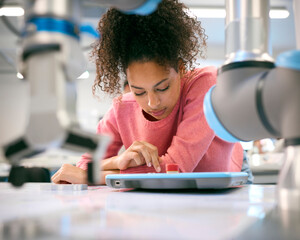 Female College Or University Engineering Student In Robotics Class Working On Robotic Arm © Monkey Business