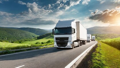 Obraz premium High-quality. white trucks driving on the asphalt road in rural landscape with dramatic cloud at sunset