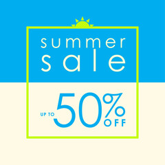 Summer Sale Up to 50% off on Cyan and Light Yellow Background Sale Sign with yellow frame and sun symbol on top. For Business Print or social media post. Vector Illustration. 
