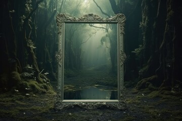 mirror in abstract dreamy forest scene background - obrazy, fototapety, plakaty