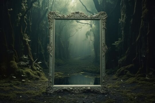 mirror in abstract dreamy forest scene background