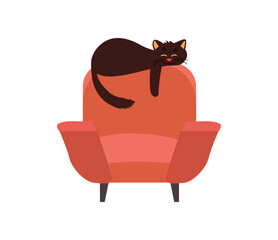 Brown chair with black cat isolated on white. Concept cozy home. Brown armchair icon for interior house. Vector illustration in flat style.