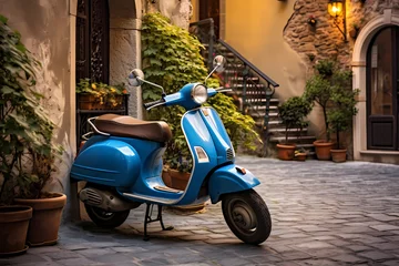 Fotobehang Charming blue scooter stationed on a cobblestone street in a small Italian town, surrounded by rustic architecture and timeless charm © Haider