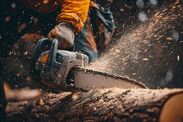 A construction worker demonstrates expertise in forestry, masterfully operating a portable gasoline chainsaw to fell trees efficiently and safely in a controlled environment