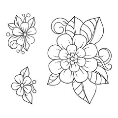 Set of Mehndi flower pattern for Henna drawing and tattoo. Decoration in ethnic oriental, Indian style. Doodle ornament. Outline hand draw vector illustration.