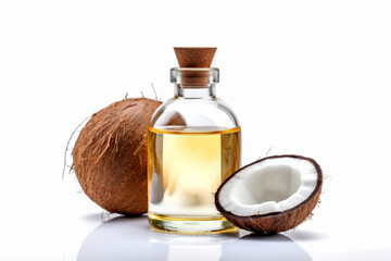 Obraz na płótnie Canvas Bottle with coconut oil near coconut