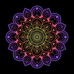Color circular pattern in form of mandala with flower for decoration or print. Decorative ornament in ethnic oriental style. Rainbow design on black background.