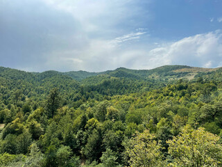 Fototapeta na wymiar Cloudy sky over dense green forest, mountains and hills