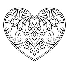 Mehndi flower pattern in form of heart for Henna drawing and tattoo. Decoration in ethnic oriental, Indian style. Valentine's day greetings. Coloring book page.