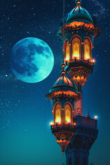Islamic Mosque Minaret and Moon in Starry Night Sky for Ramadan
