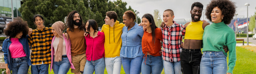 front view group of multiracial and diverse friends lined up in row hugging - obrazy, fototapety, plakaty