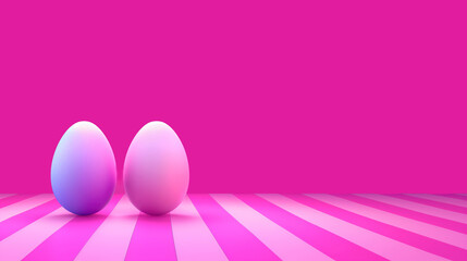 Two Paschal eggs, intense pink background, copy space. Easter greeting card