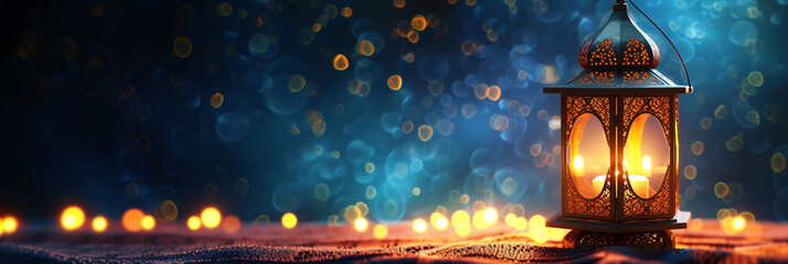 Ramadan lantern with glowing candle and bokeh background
