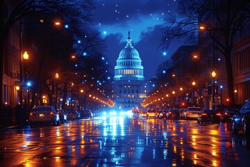 Illuminated Capitol at Night: A Glowing Spectacle for the Month of December Generative AI - obrazy, fototapety, plakaty