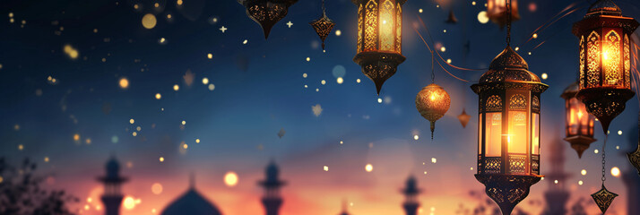 Ramadan Lanterns Silhouette and Mosque Minarets at Dusk