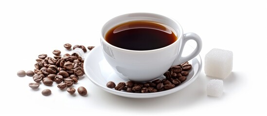 A saucer holds a cup of Kona coffee alongside coffee beans and sugar cubes, creating a delightful single-origin drink.