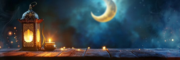 Ramadan celebration concept with lantern and crescent moon - obrazy, fototapety, plakaty
