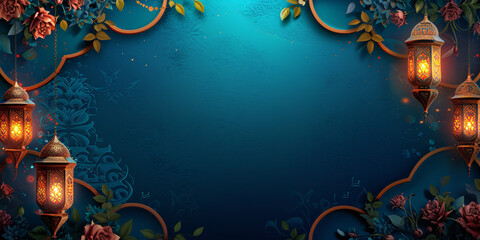 Elegant Ramadan Lanterns and Floral Ornaments on Blue Background