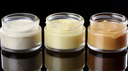 Close-up view of various jars with caring creams