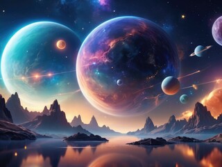 Fototapeta na wymiar Mystic Planetary Oasis: Large and Small Worlds Converge in a Colorful Sky