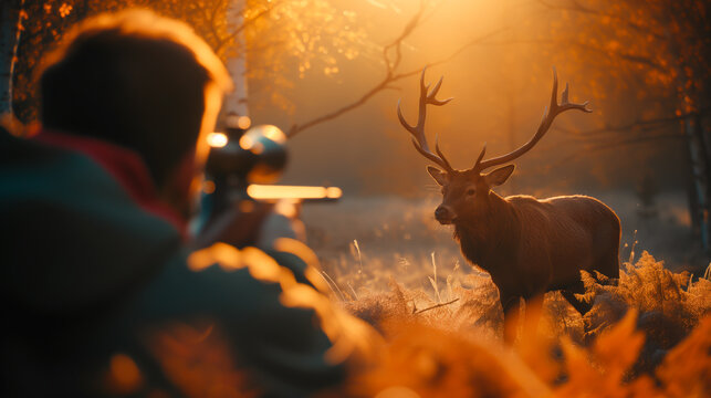 Hunter aiming his rifle at a majestic deer in a golden-lit forest during sunset, a moment of wilderness encounter.