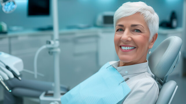 Senior woman with a bright smile sitting in dental clinic, reflecting satisfaction and good oral health.