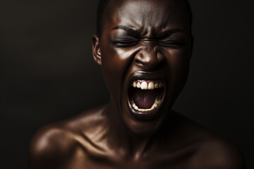 Angry black woman shouting with open mouth, nude skin