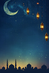 Ramadan Kareem greeting card with crescent moon and hanging lanterns