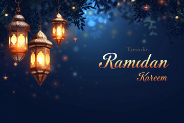 Ramadan Kareem banner with glowing lanterns amidst foliage on a starry night