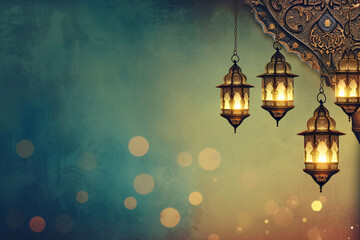 Fototapeta na wymiar Intricate Golden Lanterns with Arabesque Design for Ramadan Kareem