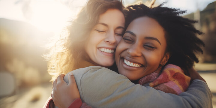 Two friends hugging each other tightly, smiling