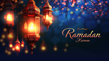 Ramadan Kareem greeting with intricate lanterns and vibrant bokeh background