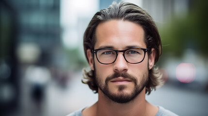 Obraz premium Close-up of a man with glasses against a blurred urban background, focus on his thoughtful expression