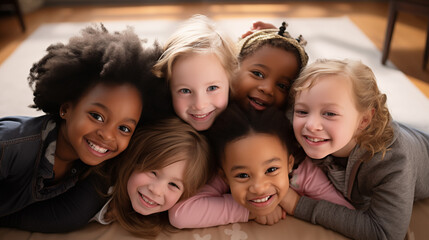 A group of diverse children in a warm embrace, laughing in a sunlit room, conveying friendship and happiness