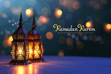Ramadan Kareem greeting with ornate lanterns and festive bokeh background