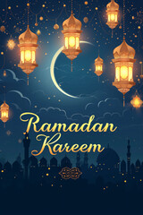 Festive Ramadan Kareem banner with crescent moon, stars, and lanterns