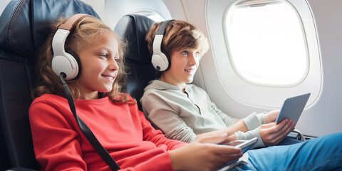 Teenagers engrossed in a shared digital experience while on a plane journey.