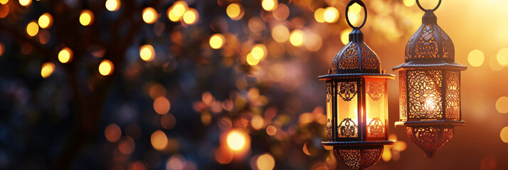 Wide Banner of Ornate Lanterns with Warm Bokeh for Ramadan