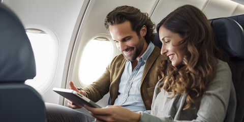 A young couple using a digital tablet on a plane, planning their vacation itinerary