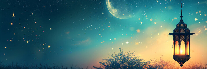 Ramadan Lantern Hanging Under Starry Sky with Crescent Moon