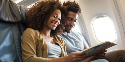 A young interracial couple seated on an airplane, looking at a travel guide