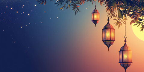 Ramadan festival background with hanging lanterns and stars